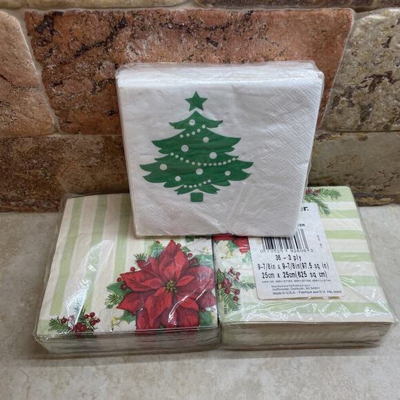 Unknown Other - Vintage Christmas Paper Napkins Poinsettia Green Tree Mix Of 3 Small Made in USA